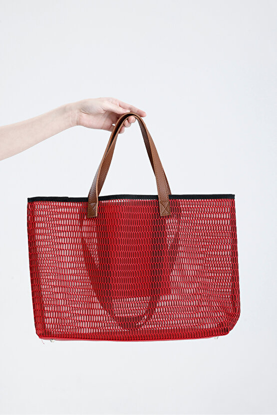 Kadın Kırmızı Petek Desenli Şeffaf Büyük Boy Plaj Ve Alışveriş Shopper Tote Omuz Çantası