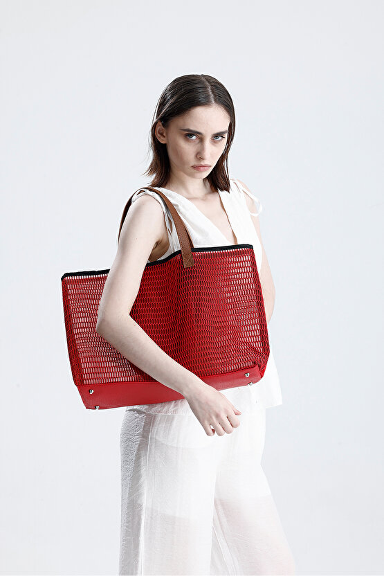 Kadın Kırmızı Petek Desenli Şeffaf Büyük Boy Plaj Ve Alışveriş Shopper Tote Omuz Çantası