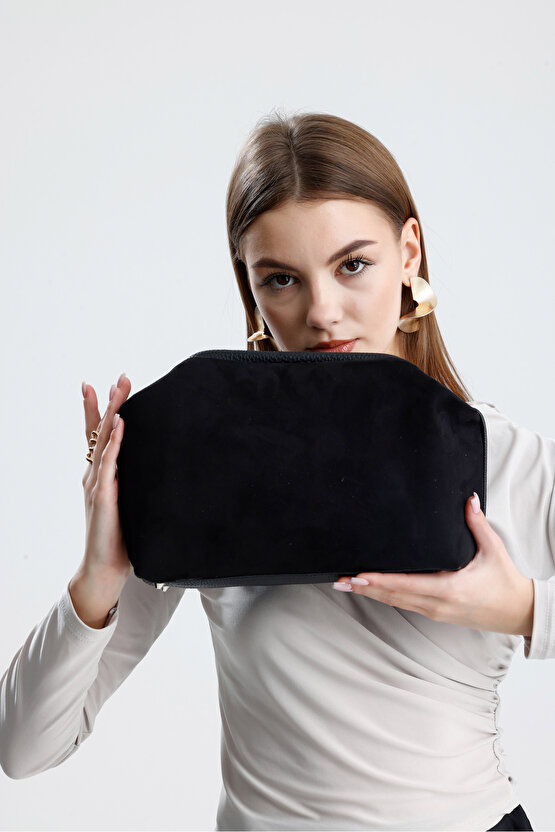Heybes Kadın Siyah Süet Clutch El Çantası