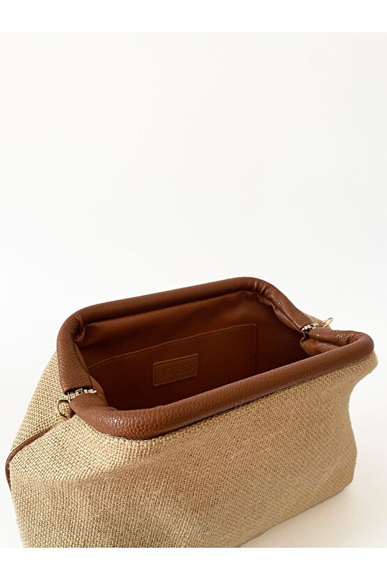 Kadın Kahverengi Biyeli Fiyonk Detaylı Çıkarılabilir Saplı Jüt Hasır Omuz ve El Çantası