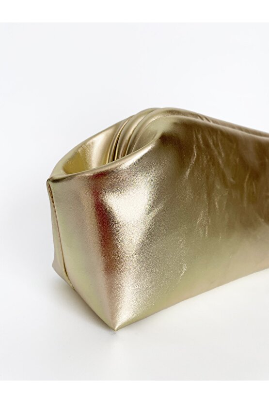 Heybes Kadın Dore Gold Parlak Dokulu Deri Clutch El Çantası