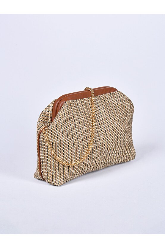 Heybes Kadın Kahve Biyeli Çizgi Desenli Zincir Askılı Omuz Çantası