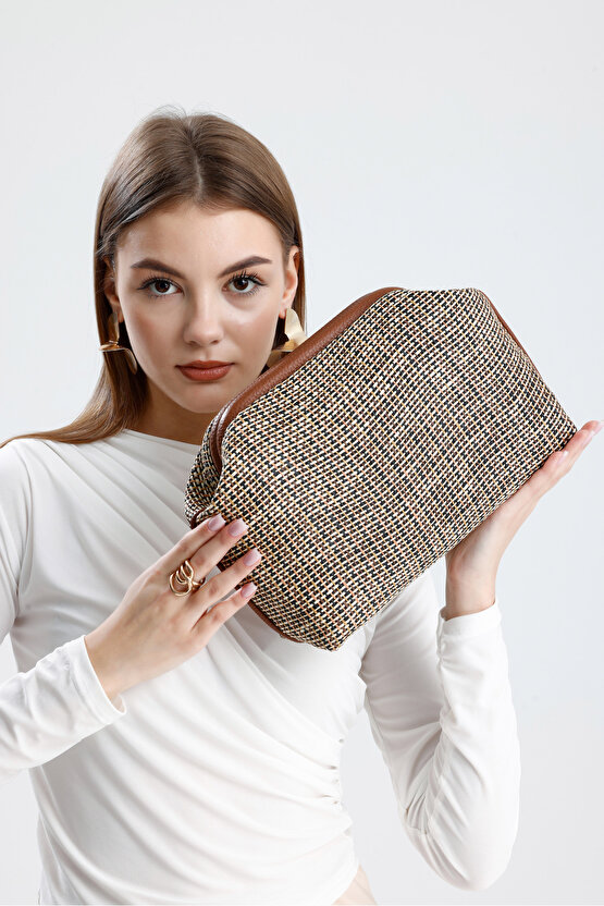 Heybes Kadın Kahve Biyeli Çizgili Jüt Hasır Clutch El Çantası