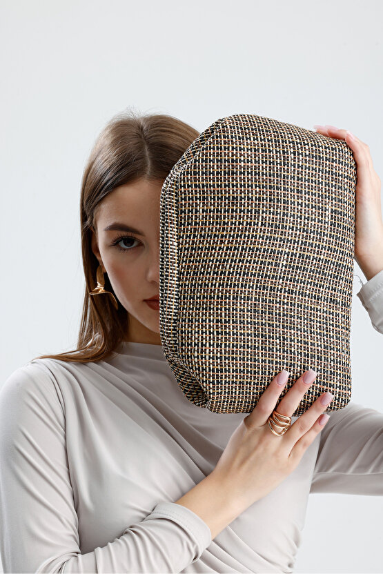 Heybes Kadın Çizgili Jüt Hasır Clutch El Çantası