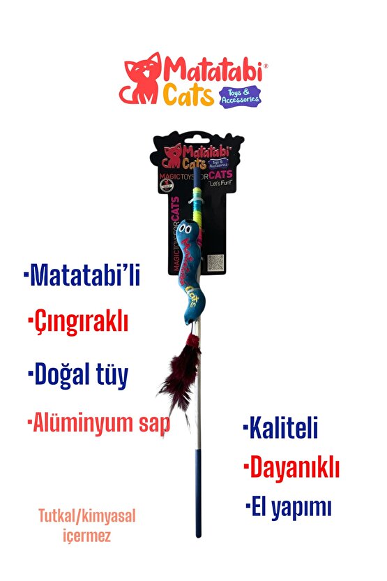 Al. Saplı Wormy Kedi Oltası, Sesli Peluş Kedi Oyuncaklı - Doğal Matatabi Içerikli