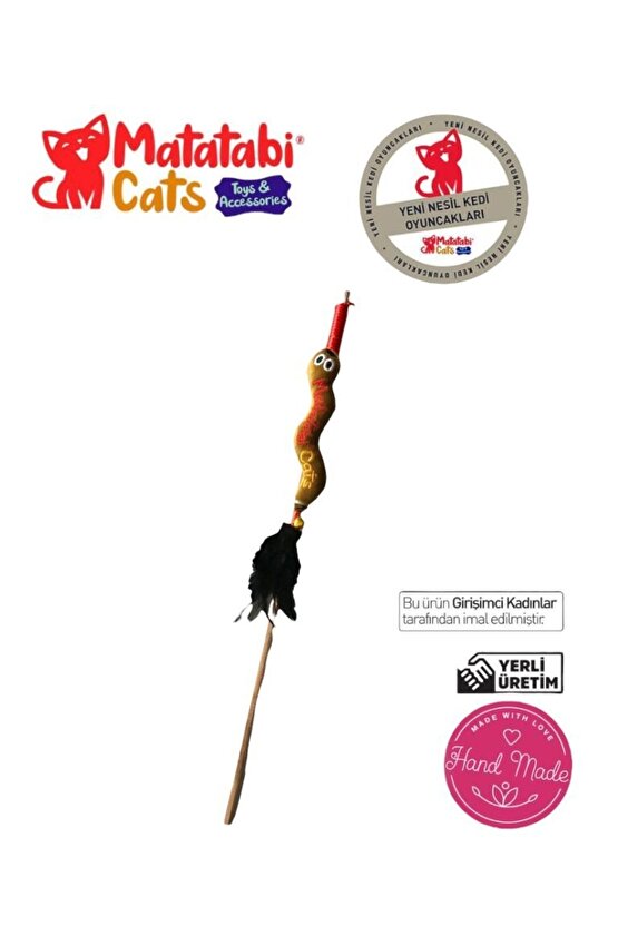 Wormy Ahşap Saplı Kedi Oltası Peluş Kedi Oyuncaklı - Matatabi Içerikli