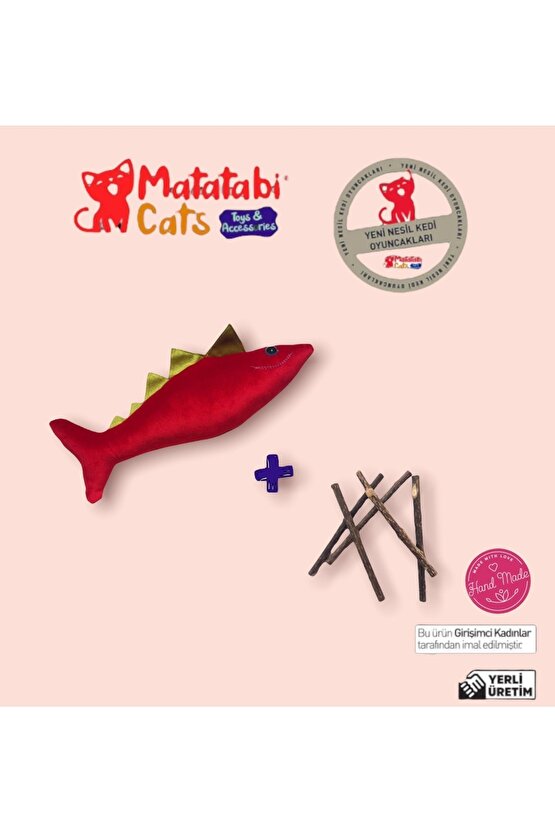 Spino Seti  Peluş Balık Kedi Oyuncağı + Doğal Matatabi Small Stick 5li