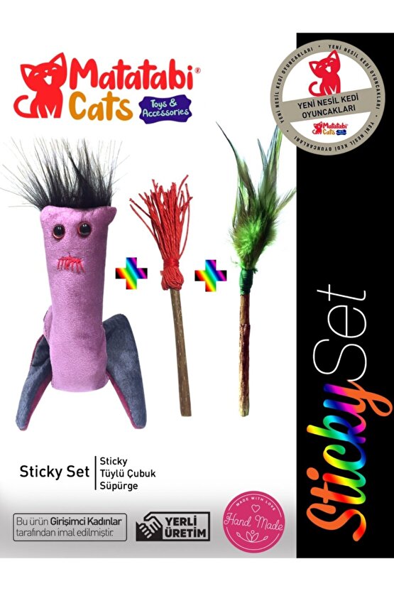 Sticky Paketi Doğal Çiğneme Çubuğu, Matatabili Sesli Peluş Kedi Oyuncağı 3lü Set