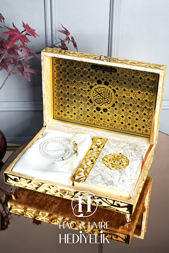 Süslemeli Hediyelik Kadife Kaplı Kutulu Kuranı Kerim | Ahşap Kutu, Kadife Kuran, Şal ve İnci Tesbih