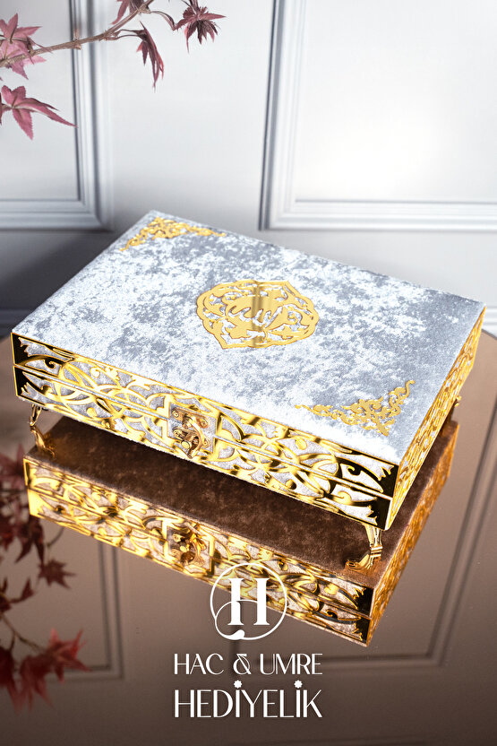 Kadife Kaplı Kutulu Kuranı Kerim | Hediyelik Kuran | Lüks Ahşap Kutu, Kuran, Şal ve İnci Tesbih Seti