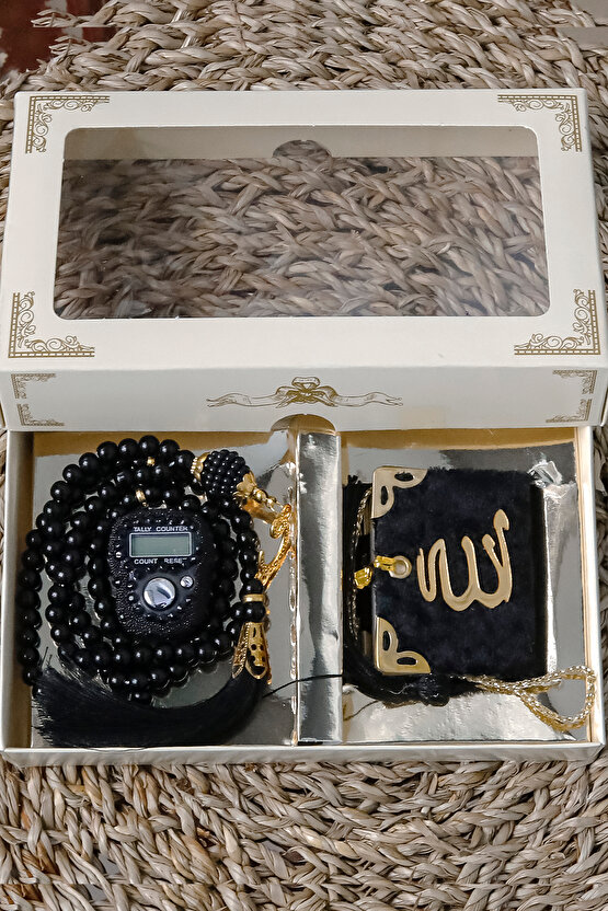 10 Adet - Taşlı Zikirmatik Tesbihmatik Kadife Kaplı Mini Kuran 99lu İnci Tesbih Seti