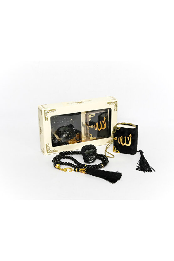 10 Adet - Taşlı Zikirmatik Tesbihmatik Kadife Kaplı Mini Kuran 99lu İnci Tesbih Seti