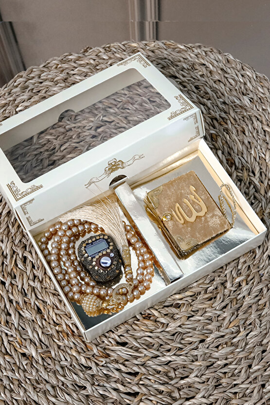 10 Adet - Taşlı Zikirmatik Tesbihmatik Kadife Kaplı Mini Kuran 99lu İnci Tesbih Seti