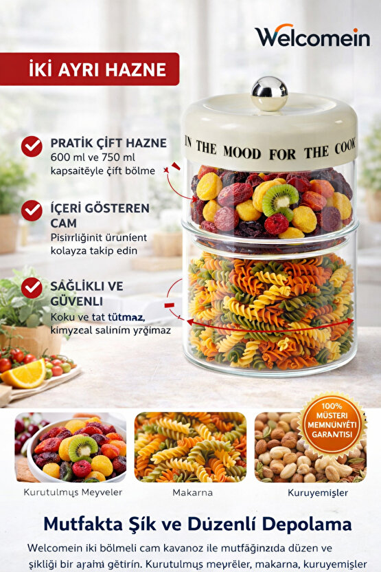 İki Bölmeli Cam Saklama Kavanozu 8 x 20 cm – 750 ml + 600 ml, Akasya Kapaklı