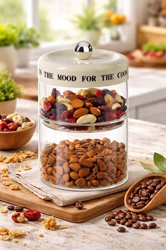 İki Bölmeli Cam Saklama Kavanozu 8 x 20 cm – 750 ml + 600 ml, Akasya Kapaklı