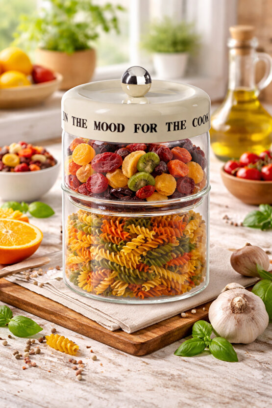 İki Bölmeli Cam Saklama Kavanozu 8 x 20 cm – 750 ml + 600 ml, Akasya Kapaklı