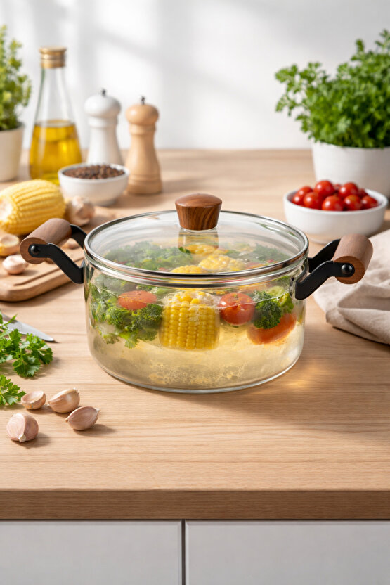 Akasya Kapaklı Cam Tencere – Isıya Dayanıklı Borosilikat Cam, Şık ve Sağlıklı Pişirme