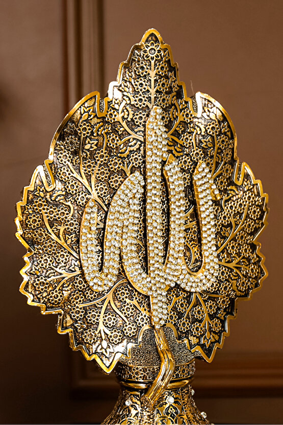 İKİLİ LÜKS FİGÜR PAPATYA VE ÇINAR YAPRAKLI ALLAH MUHAMMED İŞLEMELİ DEKORATİF OBJE