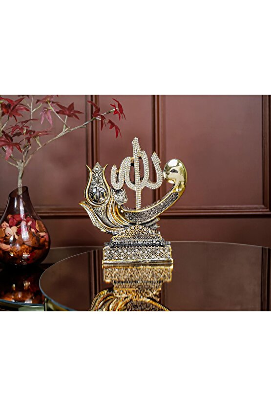 Gold Biblo Lüks Hediyelik Aksesuar Altın Kaplama Dini Islami Dekoratif Figür Vav Allah Muhammed Süs