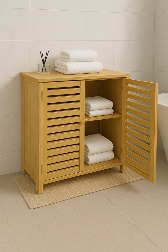 Doğal Bambu Balkon Banyo ve Çamaşır Dolabı – 2 Kapaklı Panjur Tasarım Saklama Dolabı