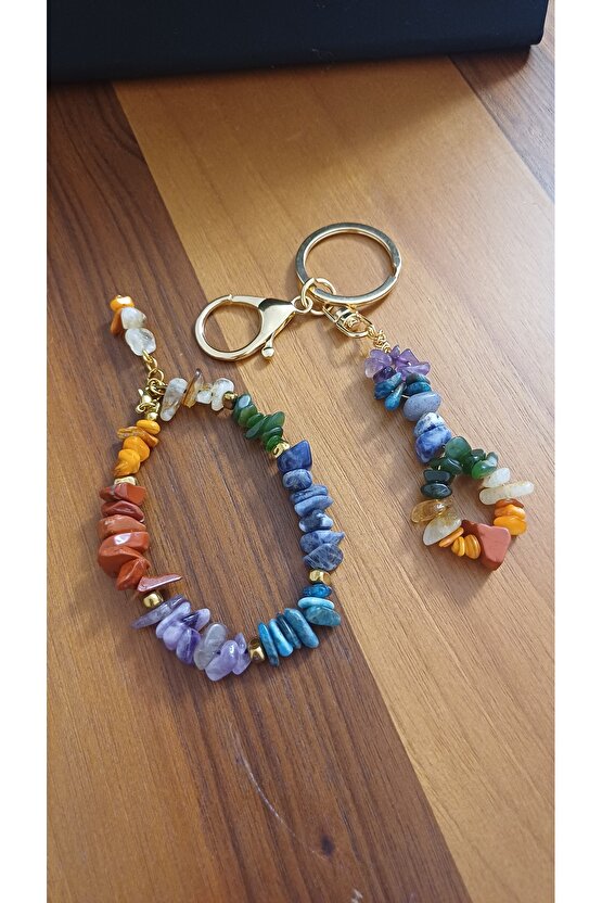 Doğal Taş Çakra 2li Anahtarlık ve Bileklik Çelik Aparat