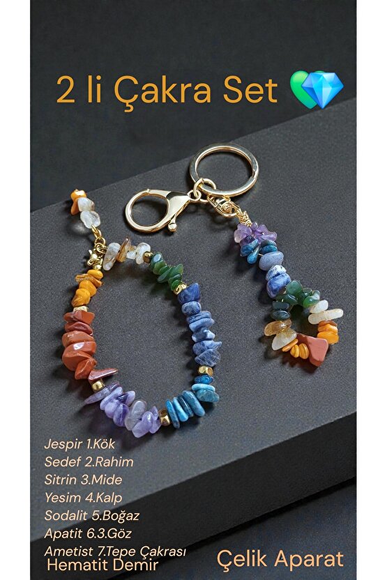 Doğal Taş Çakra 2li Anahtarlık ve Bileklik Çelik Aparat
