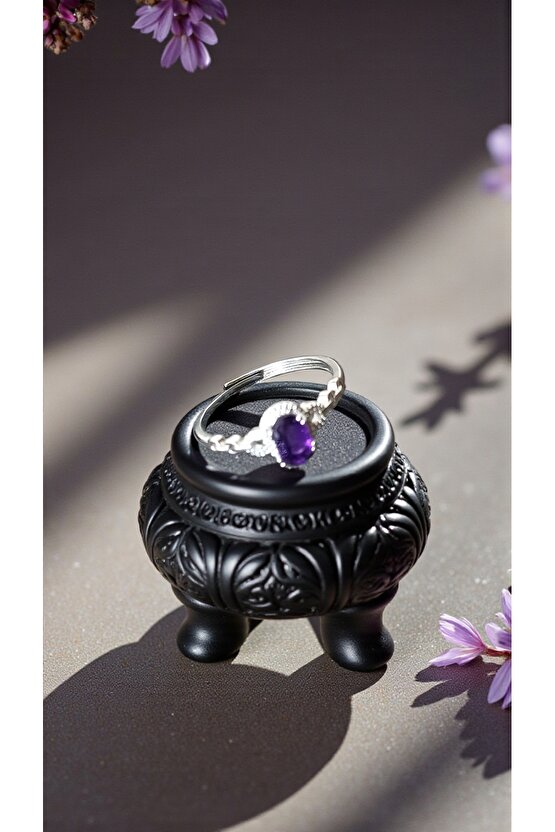 Doğal Taş AMETİST Çelik Yüzük Ayarlanabilir Ebat