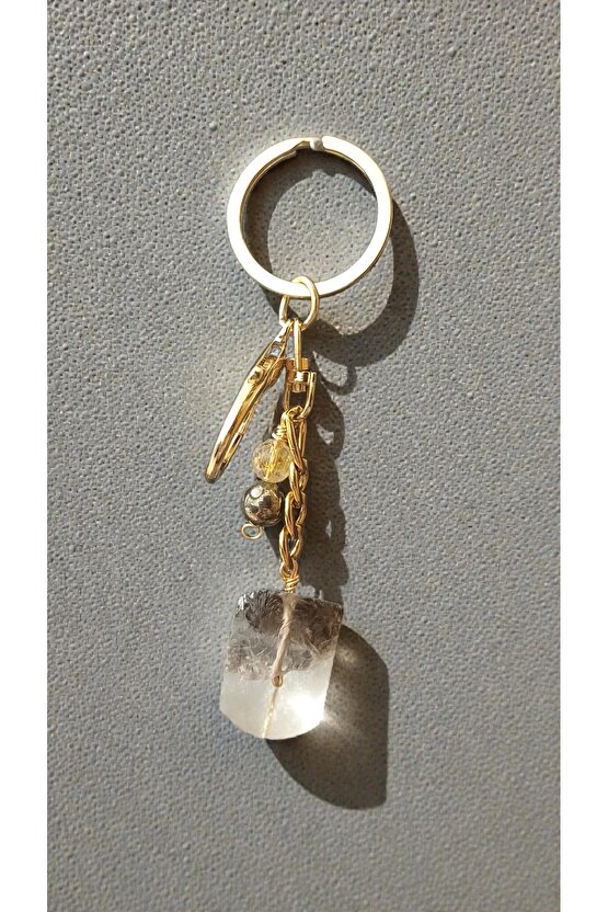 Doğal Taş Anahtarlık Kristal Kuvars Sitrin Pirit Para Bereket Koruma 8mm 2 cmm çelik zincir