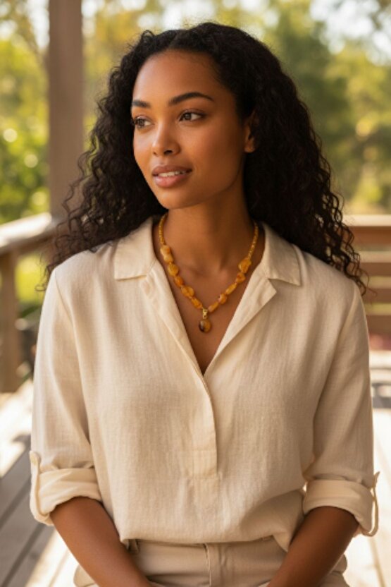 Doğal Taş Damla Kehribar Kolye Celik Aparat