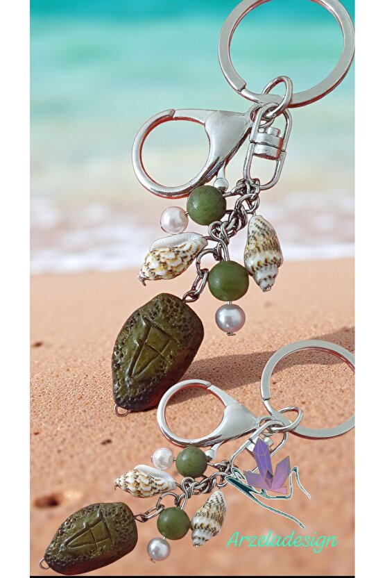 Doğal Taş Yesim Midye vu Boncuk Uçlu Anahtarlık Bolluk Bereket Enerjisi