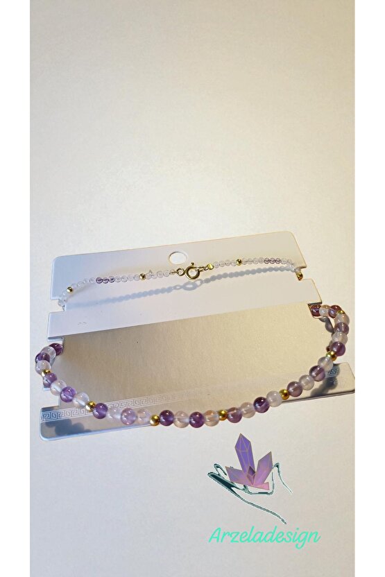 925 Ayar Gümüş Dogal Taş Kolye Ametist ve pembe Kuvar