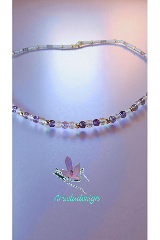 925 Ayar Gümüş Dogal Taş Kolye Ametist ve pembe Kuvar