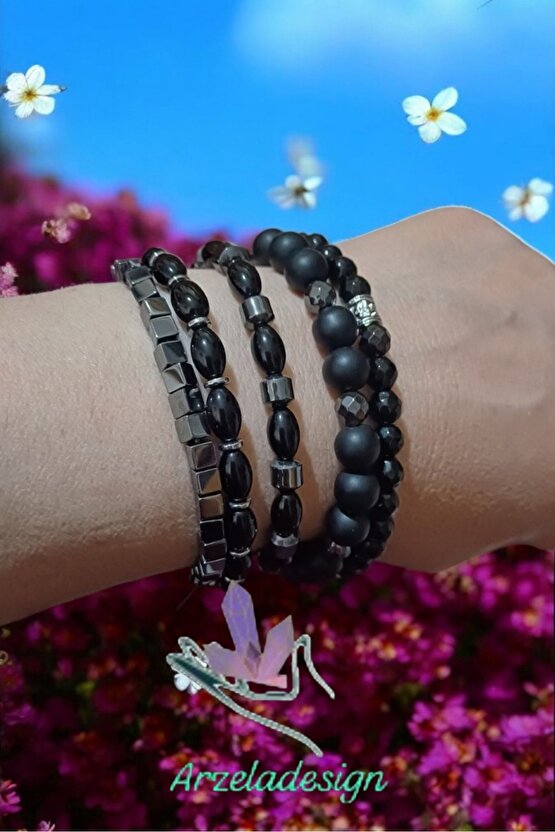 Doğal Taş Hematit ve Boncuk Tasarim Bilekli 5 Adet