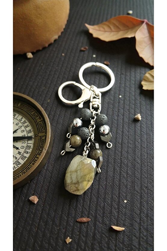 Doğal Taş Labradorit Anahtarlık Lav Taşı Obsidyen Terahertiz Taşları ile Birlikte Koruma Enerjisi