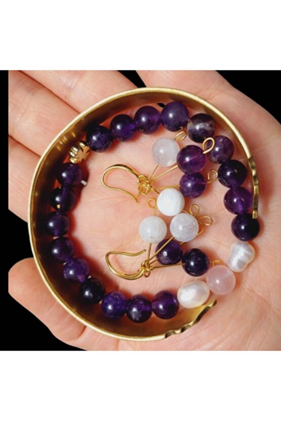 Doğal Taş Ametist Bileklik Ay Taşı ve Ametist Kupe Set