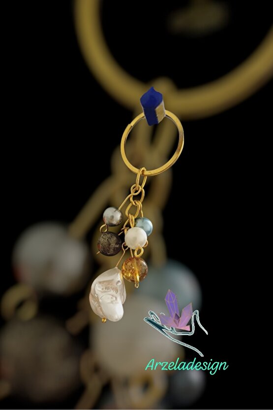 Doğal Taş Anahtarlık Barok İnci Sitrin  Pirit Bolluk ve Berekt  Anahtarligi