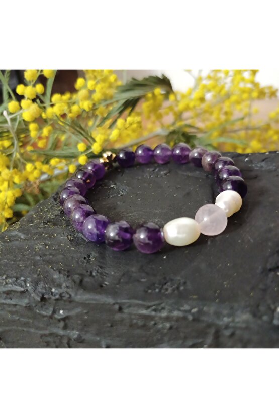 Doğal Taş Ametist Bileklik Pozitif Enerji ve Koruma Bilekligi 8mm