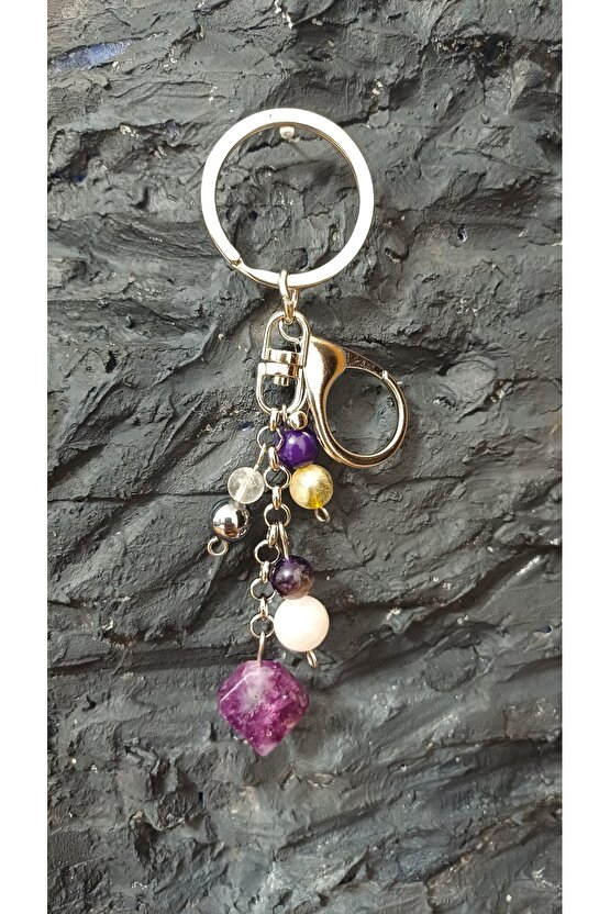 Doğal Taş Anahtarlık, Bolluk Bereket Anahtarlığı,lepidolit Ametist ,pembe Kuvars,kristal Kuvars