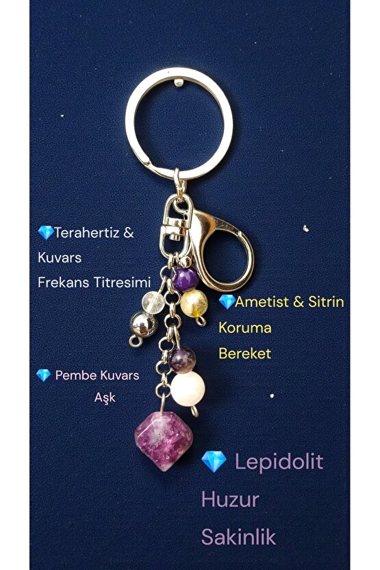 Doğal Taş Anahtarlık, Bolluk Bereket Anahtarlığı,lepidolit Ametist ,pembe Kuvars,kristal Kuvars