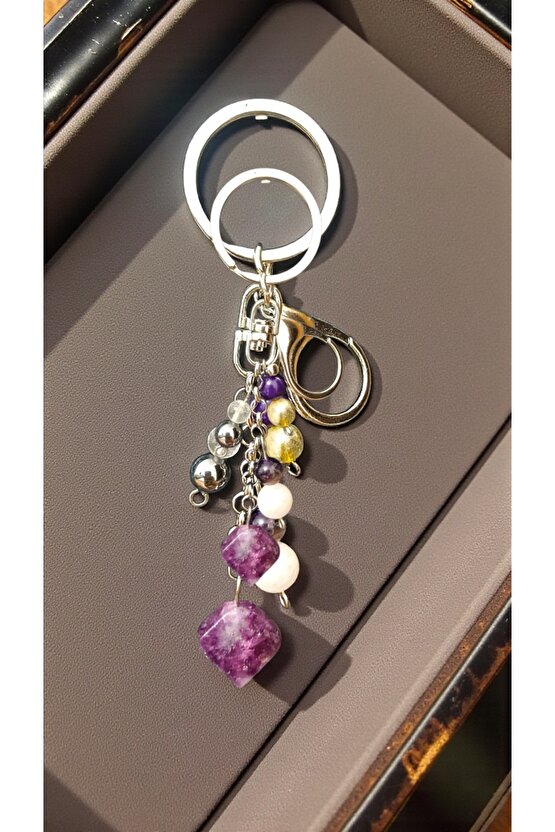 Doğal Taş Anahtarlık, Bolluk Bereket Anahtarlığı,lepidolit Ametist ,pembe Kuvars,kristal Kuvars