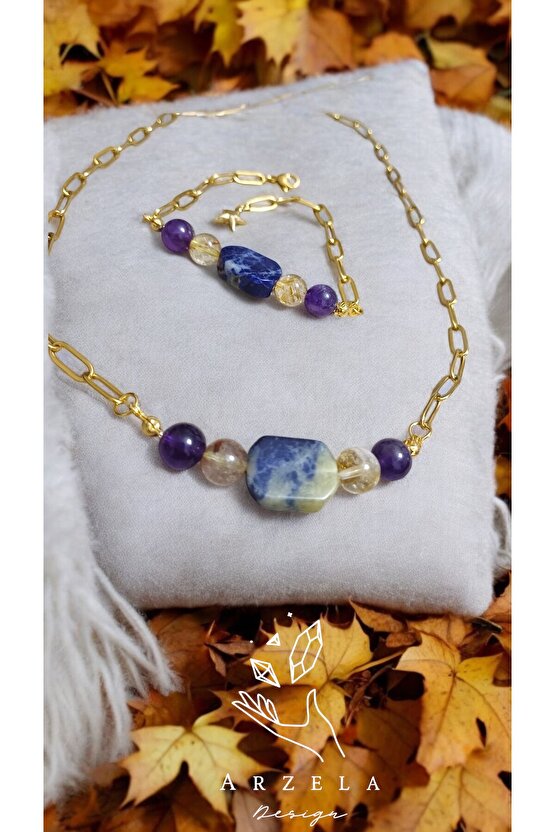 Doğal Tas SODALIT AMETİST SITRIN KRİSTALLERİ ÇELİK ZİNCİR TAKI SETI