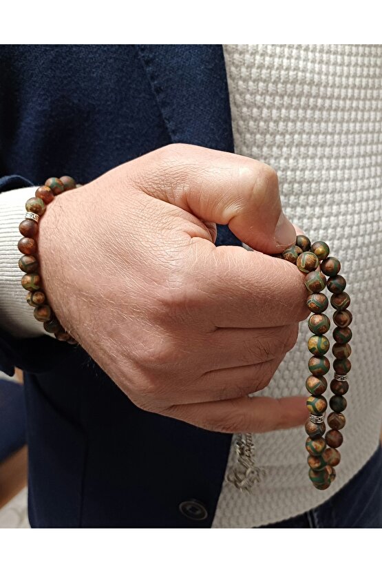 Doğal Taş Tibet Akiği Tesbih Ve Bileklik Ikili Erkek Kadin 8mm