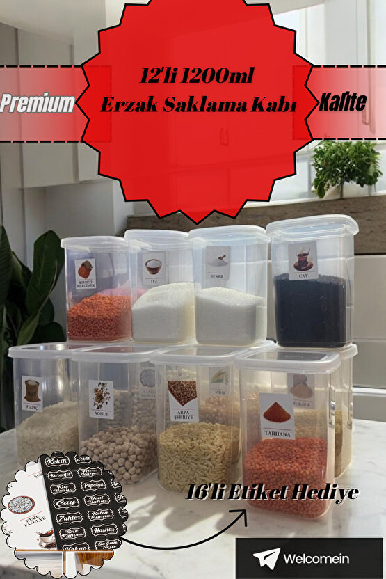 12lı Etiketli Saklama Kabı Gıda Erzak Bakliyat Saklama Kabı Çeyiz Seti - 1,2 Lt Şeffaf