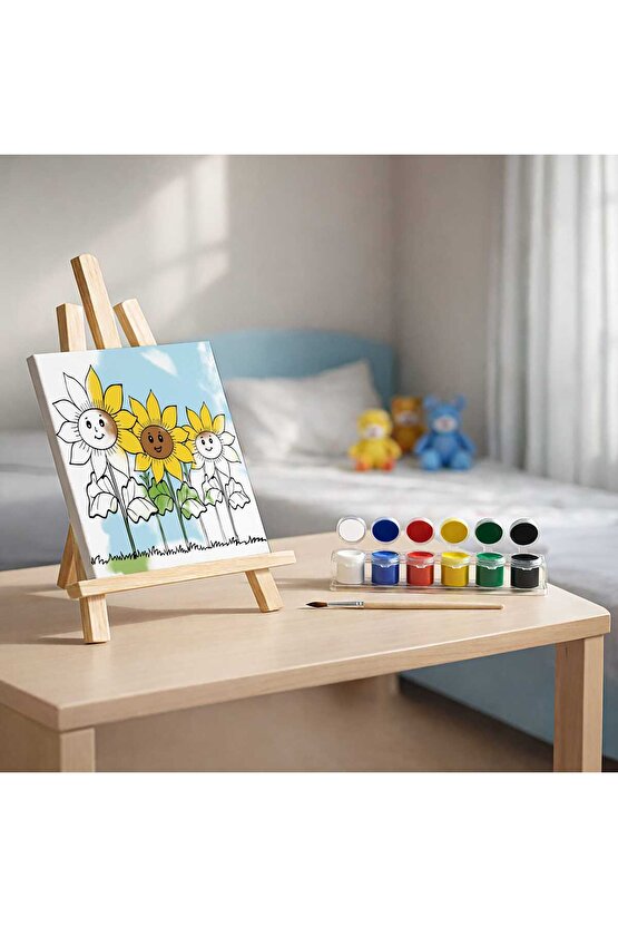 Çocuklar İçin Tuval Boyama Seti Ayçiçeği Bahçesi (Tuval, Fırça ve 6 Renk Akrilik Boya Seti) 20x20 Cm