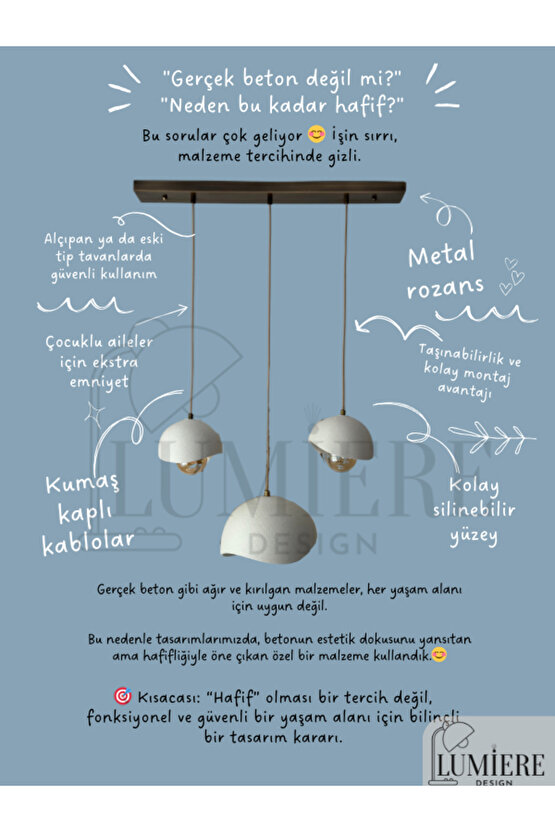 Beton Görünümlü İskandinav Bohem 3’lü Sarkıt Avize - Yemek Masası Salon Avize + Ampul Dahil