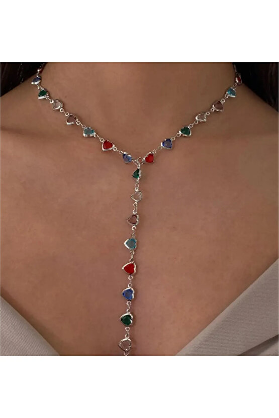 Renkli Kalpli Model Zirkon Taş Y Kolye