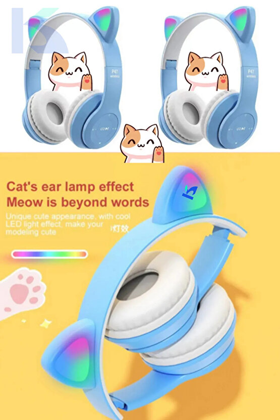 Açık Mavi Renk Vilya Kedi Kulağı Detaylı Uyumlu Bluetooth Kablosuz Kulaklık Çocuk Oyuncu Aux Kablo