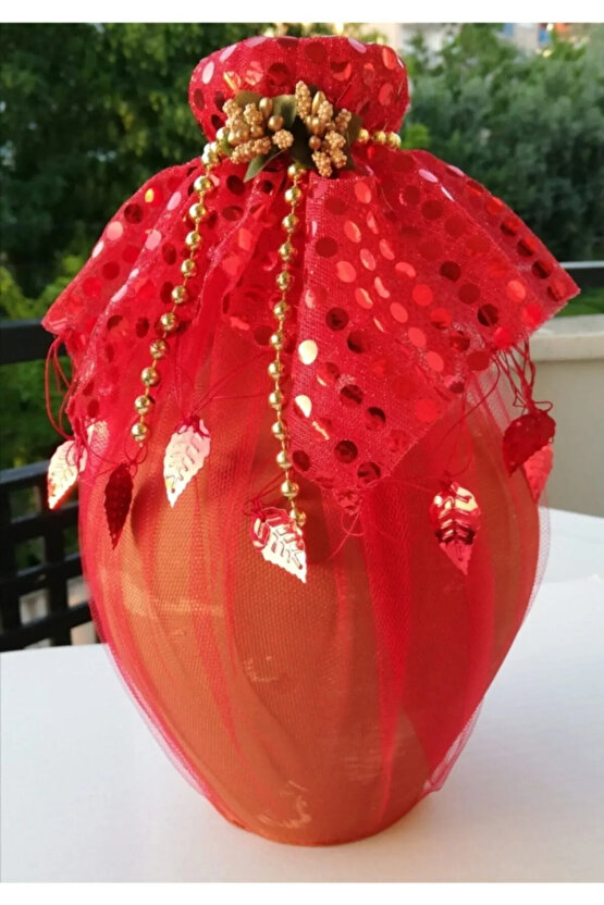 Özel Dekoratif Kırmızı Tüllü Süslü Kına Testisi