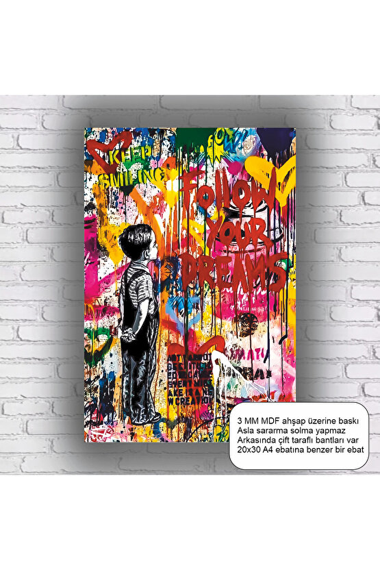 duvardaki çocuk graffiti bansky pop art mdf tablo retro ahşap poster