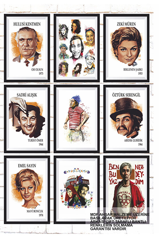 9 Parça Karışık Yazılı Ahşap Tablo Seti türk sineması yeşilçamın sevilen oyuncuları serisi poster